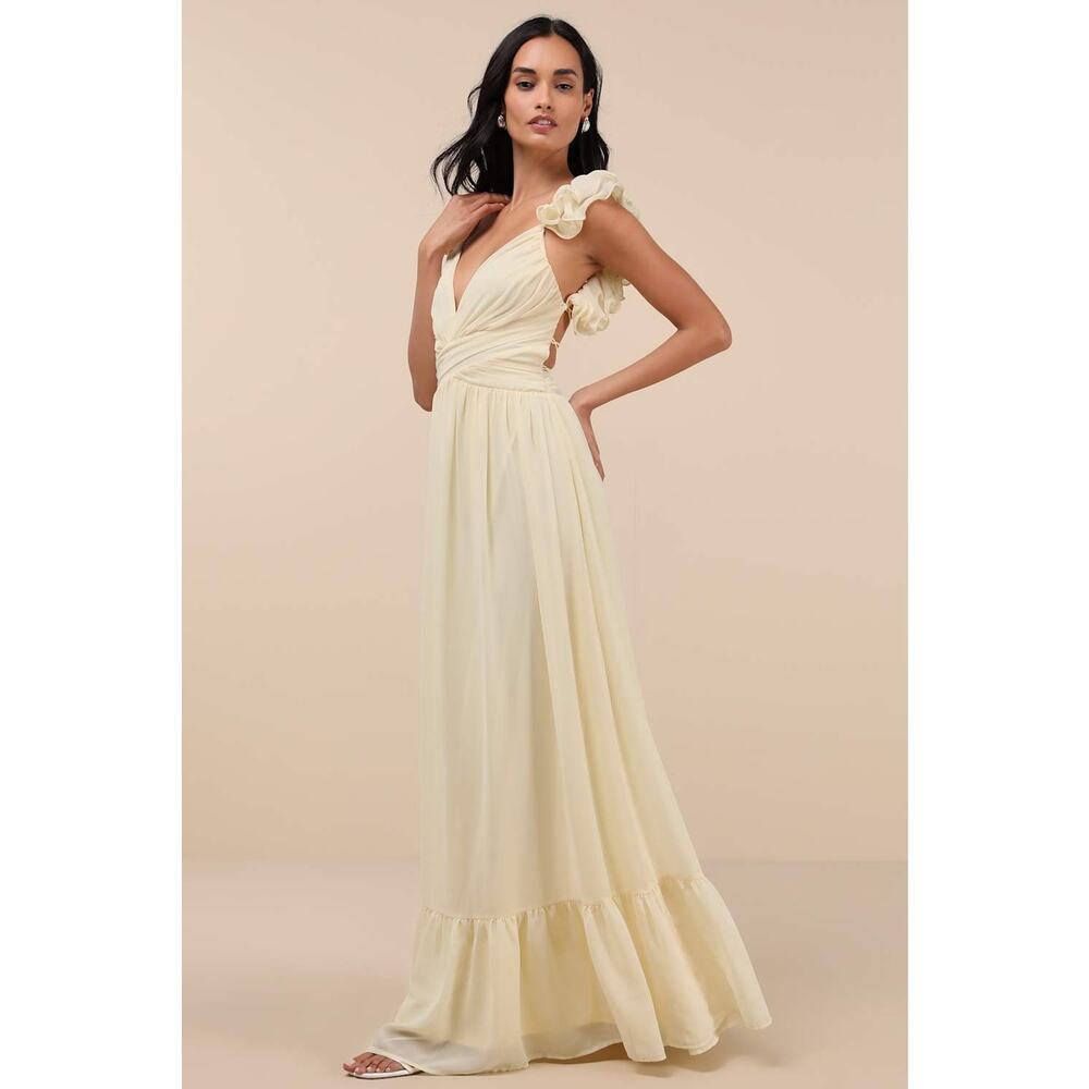 NWT Lulus Soiree Celebration Light Yellow Ruffled Lace-Up Maxi Dress Tiered XS